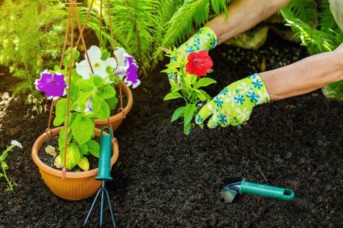 Garden tools on grass representing Gardening Services Neasden