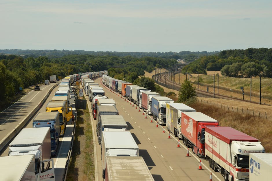 A long queue of trucks and delivery vehicles lined up on a two-lane road, with traffic cones dividing the lanes, indicating a delay or stoppage. The vehicles are parked closely together, some with vis